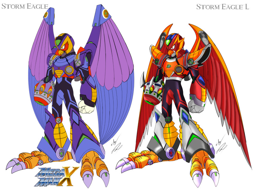 2boys android arm_cannon armor beak bird claws clenched_hand closed_mouth eagle forehead_jewel full_body green_eyes gunzcon helmet highres jewelry logo mechanical_wings mega_man_(series) mega_man_x1 mega_man_x_(series) metal_wings multiple_boys non-humanoid_robot purple_armor purple_helmet red_armor red_eyes red_helmet robot robot_animal robot_bird shoulder_armor sigma_symbol signature storm_eagle_(mega_man) storm_eagle_l_(mega_man) weapon wings