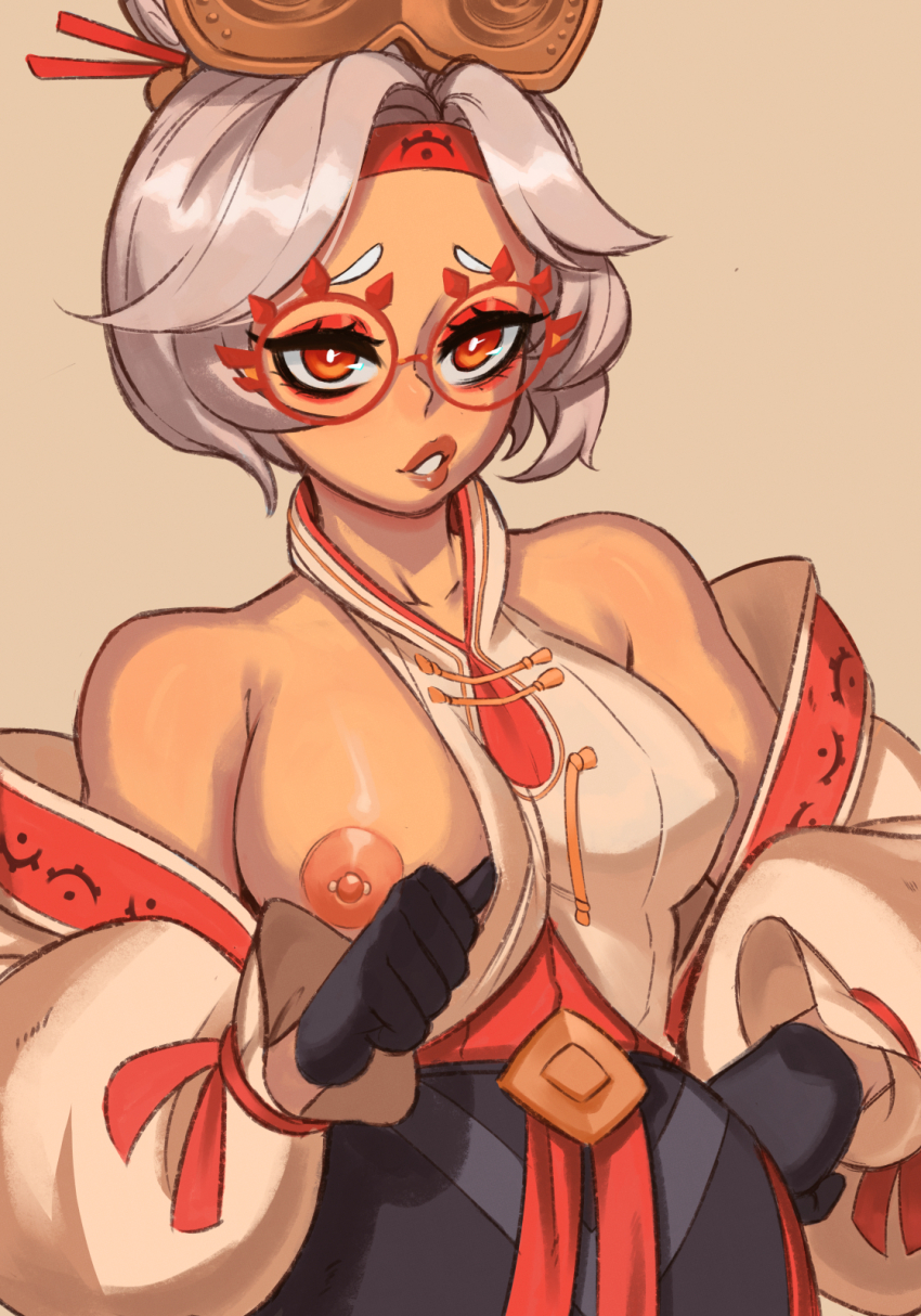 1girl black_gloves breasts coat eyelashes eyeshadow eyewear_on_head female_focus glasses gloves hair_ornament hair_stick headband highres kaimecha lips long_sleeves makeup medium_breasts nintendo nipple_piercing nipples one_breast_out parted_lips piercing purah red-framed_eyewear red_eyes red_eyeshadow round_eyewear sheikah short_hair solo standing the_legend_of_zelda the_legend_of_zelda:_tears_of_the_kingdom white_hair wide_sleeves