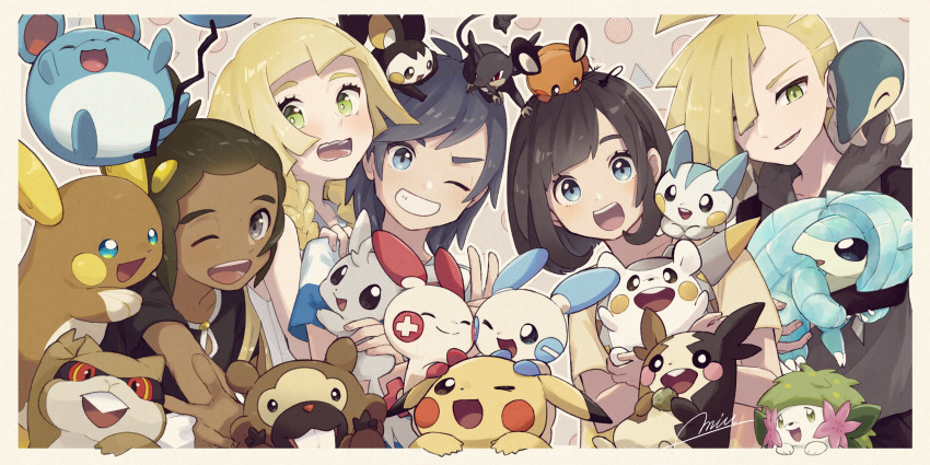 2girls 3boys :d ^_^ alolan_form alolan_raichu alolan_rattata alolan_sandshrew bidoof black_eyes black_hair blonde_hair bob_cut braid brown_hair closed_eyes creature cyndaquil dark-skinned_male dark_skin dedenne elio_(pokemon) emolga falling gen_1_pokemon gen_2_pokemon gen_3_pokemon gen_4_pokemon gen_5_pokemon gen_6_pokemon gen_7_pokemon gen_8_pokemon gladion_(pokemon) green_eyes hair_over_one_eye happy hau_(pokemon) highres holding holding_pokemon legendary_pokemon lillie_(pokemon) long_hair looking_at_viewer marill minccino minun miu_(miuuu_721) morpeko morpeko_(full) multiple_boys multiple_girls mythical_pokemon nintendo on_head on_shoulder one_eye_closed open_mouth patrat pikachu plusle pokemon pokemon_(creature) pokemon_on_head pokemon_on_shoulder pokemon_sm selene_(pokemon) shaymin shaymin_(land) shirt short_hair signature smile togedemaru