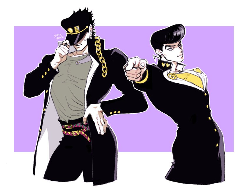 2boys absurdres belt black_hat black_jacket chain cropped_legs diamond_wa_kudakenai donlemefo eyelashes grey_shirt hat higashikata_josuke higashikata_josuke&#039;s_pose_(jojo) highres jacket jojo_no_kimyou_na_bouken jojo_pose kujo_jotaro&#039;s_pose_(jojo) kuujou_joutarou looking_at_viewer male_focus multiple_belts multiple_boys pose_switch shirt short_hair smile stardust_crusaders sweatdrop uncle_and_nephew yellow_shirt