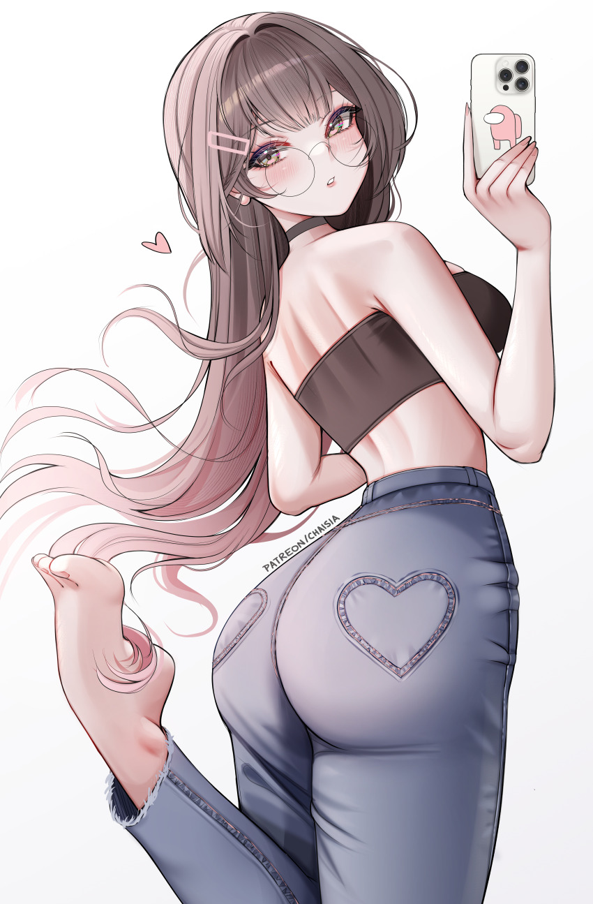 1girl absurdres ass ass_focus bare_shoulders barefoot blush breasts brown_eyes brown_hair cellphone chaisia_art denim from_behind glasses heart heart_pockets highres huge_ass jeans long_hair looking_at_viewer looking_back medium_breasts pants parted_lips phone pink_(among_us) selfie sideboob solo tight_clothes tight_pants very_long_hair virtual_youtuber