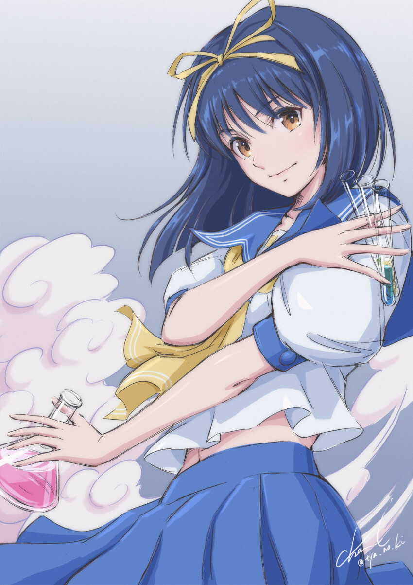 1girl absurdres artist_name asuka_120_percent between_fingers blouse blue_hair blue_sailor_collar blue_skirt bow brown_eyes closed_mouth commentary cowboy_shot english_commentary erlenmeyer_flask flask gradient_background hair_bow hair_ribbon highres holding holding_flask holding_test_tube honda_asuka light_smile looking_at_viewer medium_hair midriff_peek mixed-language_commentary navel neckerchief pleated_skirt potion puffy_short_sleeves puffy_sleeves ribbon sailor_collar school_uniform serafuku shirt short_sleeves signature skirt smoke solo standing test_tube twitter_username tyanoki white_shirt wind yellow_bow yellow_neckerchief yellow_ribbon