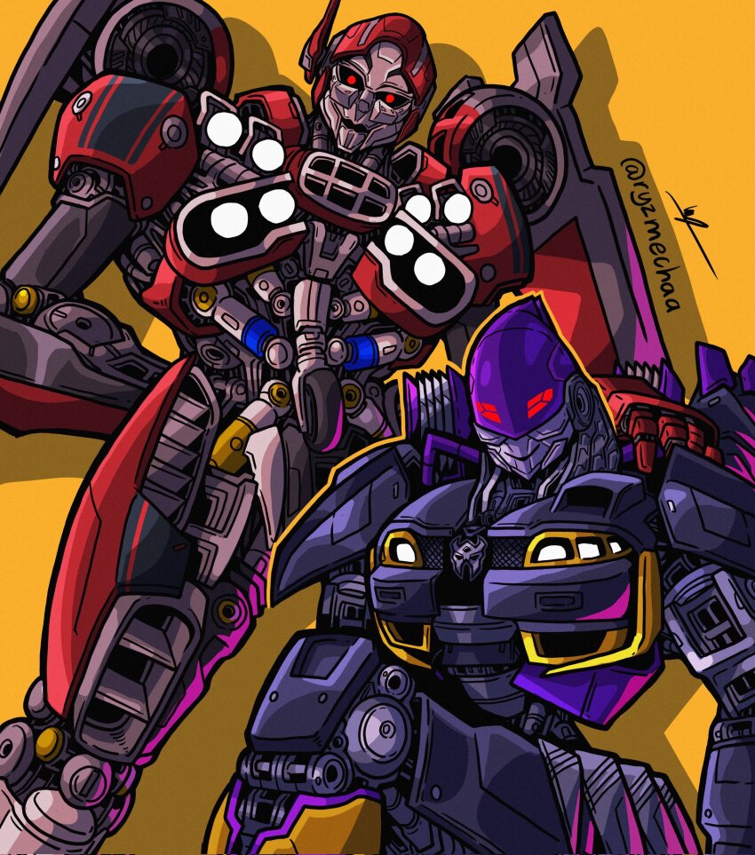 2girls airplane_wing bumblebee_(film) highres humanoid_robot mecha mechanical_wings multiple_girls nightbird_(transformers) red_eyes robot robot_girl ryzmechaa science_fiction shatter_(transformers) thighs transformers transformers:_rise_of_the_beasts transformers_(live_action) wings yellow_background