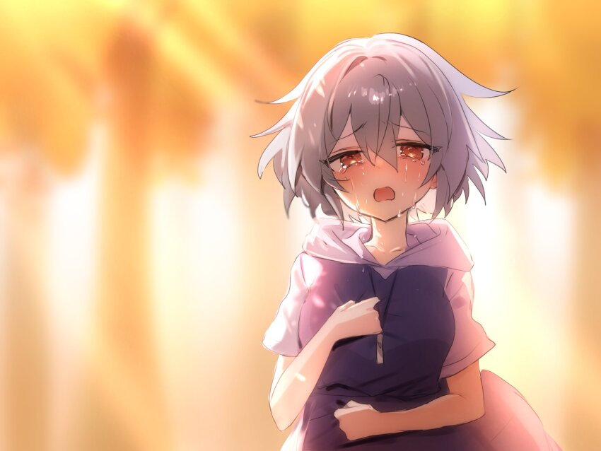 1girl autumn blue_hoodie blurry blurry_background blush brown_eyes crying crying_with_eyes_open forest frown grey_hair grey_hoodie hands_on_own_chest hands_on_own_stomach highres higurashi_no_naku_koro_ni higurashi_no_naku_koro_ni_mei hood hoodie jewelry kimiyoshi_kazuho ma_(aaayabaina111) nature necklace open_mouth outdoors short_hair tears two-tone_hoodie whistle whistle_around_neck