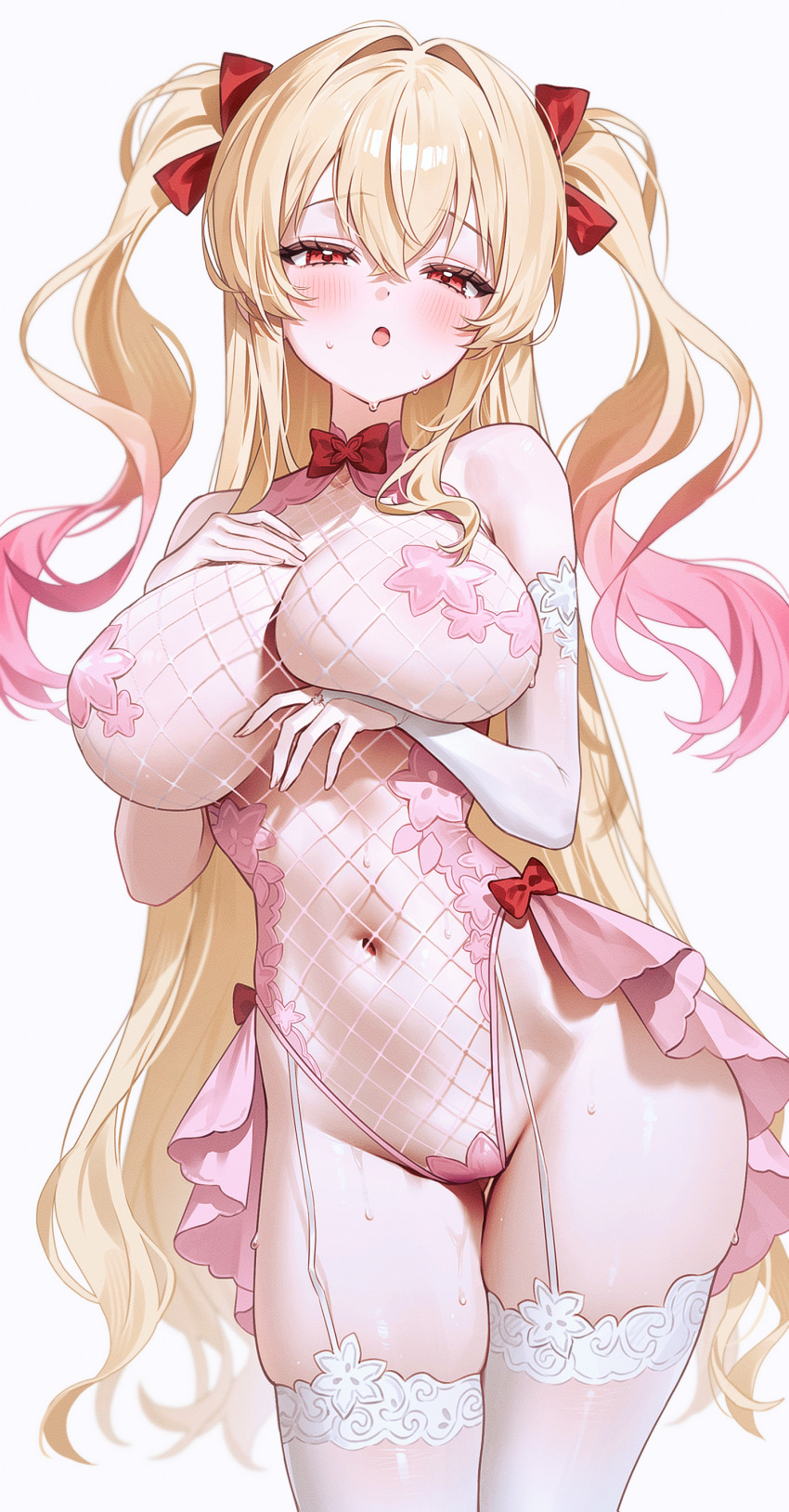 1girl absurdres bare_shoulders blonde_hair bow bowtie breasts bridal_gauntlets cleavage commission cowboy_shot demonia_(hiyono) fishnet_leotard fishnets fymrie garter_straps gradient_hair hand_on_own_chest highleg highleg_leotard highres large_breasts leotard long_hair looking_at_viewer multicolored_hair navel open_mouth original pasties pink_hair red_eyes simple_background skindentation solo sweat thigh_gap thighhighs thighs two-tone_hair two_side_up very_long_hair white_background white_thighhighs