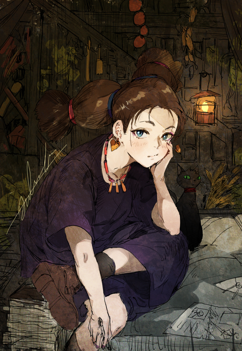 1girl bed_sheet between_fingers black_cat blue_eyes book_stack brown_footwear brown_hair cat dress earrings feet_out_of_frame hand_on_own_cheek hand_on_own_face head_rest heart heart_earrings highres hiranko holding holding_pen indoors jewelry lantern crossed_legs long_sleeves looking_at_viewer majo_no_takkyuubin multi-tied_hair necklace paper pen purple_dress senior_witch_(majo_no_takkyuubin) shoes short_sleeves signature sitting socks twintails wheat