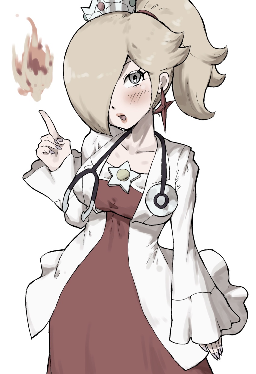 1girl blonde_hair blush breasts coat crown doctor dot_nose dr._fire_rosalina dr._mario_(game) dr._mario_world earrings fire fire_rosalina hair_over_one_eye highres jewelry large_breasts long_sleeves mario_(series) nintendo official_alternate_costume official_alternate_hairstyle open_mouth ponytail rosalina simple_background solo star_(symbol) star_earrings toggy_keiichi white_background white_coat