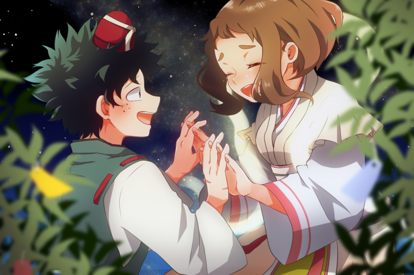 10s 1boy 1girl :d alternate_costume blush boku_no_hero_academia brown_hair closed_eyes cosplay freckles green_hair hat hikoboshi hikoboshi_(cosplay) iworidayo japanese_clothes kimono leaf messy_hair midoriya_izuku open_mouth orihime_(cosplay) orihime_(tanabata) short_hair smile tate_eboshi uraraka_ochako