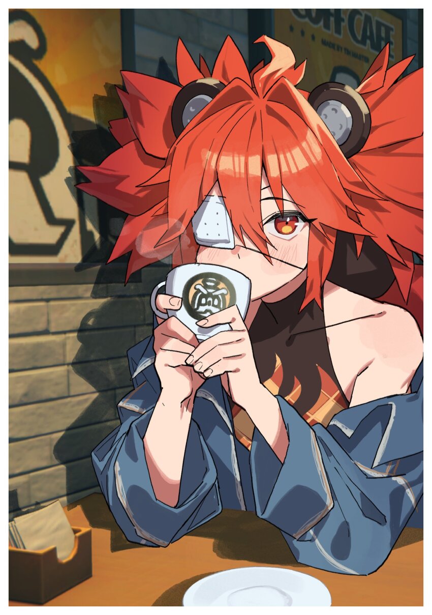 1girl alternate_costume animal_ears arm_rest bear_ears blue_jacket blush border brown_shirt commentary crop_top cup eyepatch fake_animal_ears flame_print gachop99 hair_between_eyes hands_up highres holding holding_cup indoors jacket koleda_belobog long_hair looking_at_viewer medical_eyepatch open_clothes open_jacket plate red_eyes red_hair shirt sidelocks sitting solo steam symbol-only_commentary table upper_body white_border zenless_zone_zero