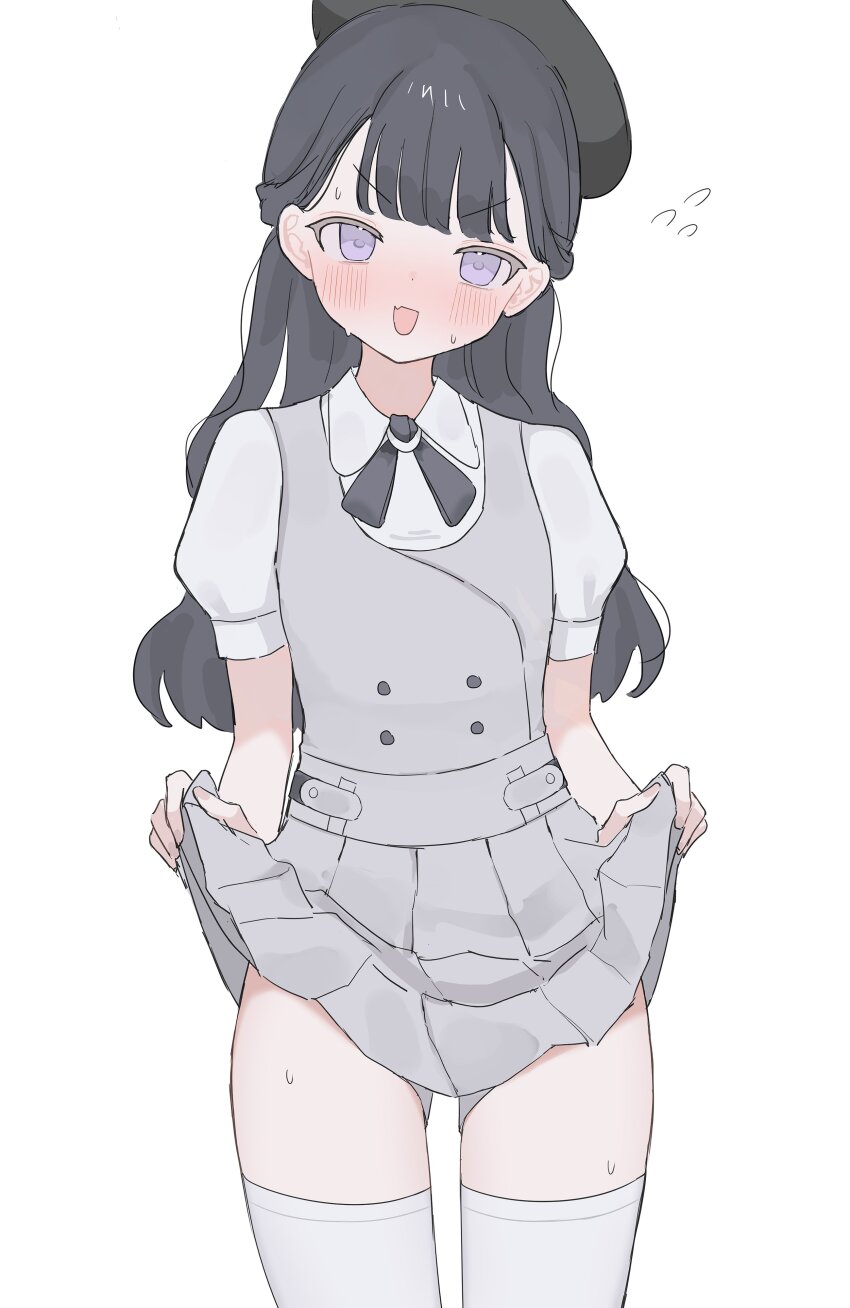 1boy absurdres belt beret black-haired_trainer_(lululuro) black_cross_tie black_hair black_hat blunt_bangs blush buttons center-flap_bangs clothes_lift commentary_request cowboy_shot cross_tie crossdressing crossdressing_(mtf) dot_nose double-breasted dress dress_lift embarrassed fang grey_belt grey_dress grey_shorts half_updo hat highres lifting_own_clothes long_hair lululuro male_focus nervous_sweating nintendo nose_blush open_mouth peter_pan_collar pinafore_dress pleated_dress pokemon pokemon_legends:_z-a puffy_short_sleeves puffy_sleeves purple_eyes rounded_collar shirt short_shorts short_sleeves shorts shorts_under_dress simple_background skin_fang sleeveless sleeveless_dress solo standing straight-on sweat sweatdrop thighhighs trap v-shaped_eyebrows wavy_hair white_background white_shirt white_thighhighs wispy_bangs