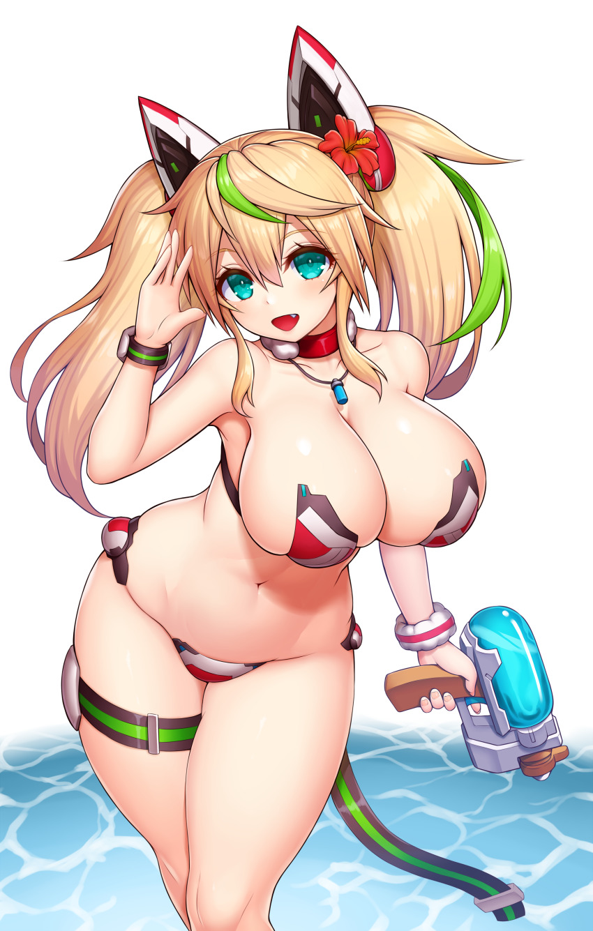 1girl :d absurdres aqua_eyes asamura_hiori bare_shoulders bikini blonde_hair blush breasts cleavage collar collarbone commentary_request cowboy_shot fang flower gene_(pso2) green_hair groin hair_between_eyes hair_flower hair_ornament hand_up headgear highres holding holding_water_gun huge_breasts jewelry long_hair looking_at_viewer multicolored_hair navel necklace open_mouth phantasy_star phantasy_star_online_2 red_bikini red_collar scrunchie sidelocks skindentation smile solo standing stomach strapless strapless_bikini streaked_hair swimsuit thigh_strap twintails two-tone_hair water water_gun wrist_scrunchie wristband