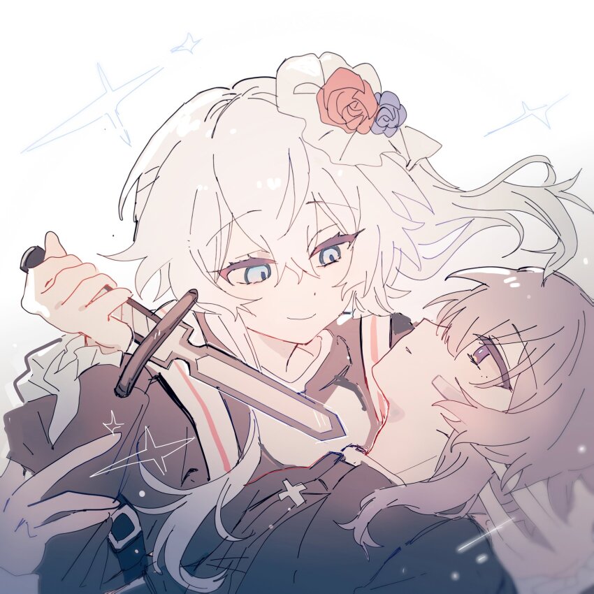 1boy 1girl at_knifepoint blue_eyes floating_hair flower hair_between_eyes hair_flower hair_ornament haku_eckaran happy_saint_sheol highres holding holding_knife knife looking_at_another okamo_(oakm071) parted_lips pointing_melee_weapon ponytail purple_eyes purple_hair securett_rafe sidelocks smile sparkle white_background white_hair