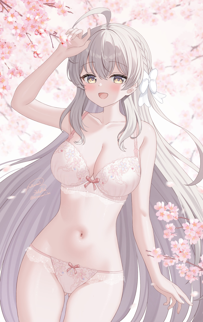 1girl :d ahoge arm_up bare_shoulders blush bow bow_panties bra breasts cherry_blossoms cleavage collarbone commentary_request fingernails floral_print_bra gluteal_fold grey_hair hair_between_eyes hair_bow highres kurumi_lm lace lace-trimmed_bra lace-trimmed_panties lace_trim large_breasts long_hair looking_at_viewer navel open_mouth original paid_reward_available panties signature smile solo stomach twitter_username underwear very_long_hair white_bow yellow_eyes