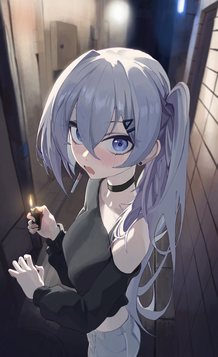 1girl absurdres alley bare_shoulders black_choker blue_eyes blush choker cigarette earrings embarrassed eyes_visible_through_hair grey_hair grey_pants hair_between_eyes hair_ornament hairclip highres jewelry lighter looking_at_viewer mbkona open_mouth original pants side_ponytail solo stud_earrings