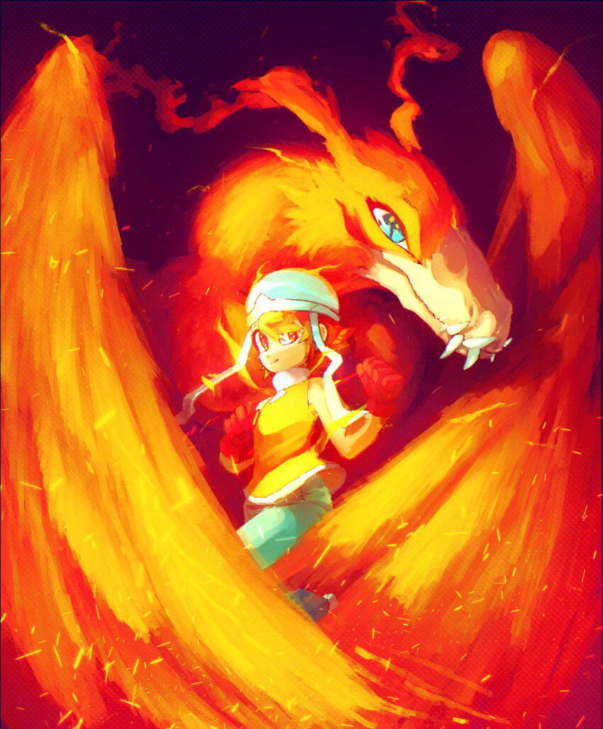 birdramon blue_eyes digimon digimon_(creature) digimon_adventure epic fire gloves hat looking_at_viewer smile takenouchi_sora