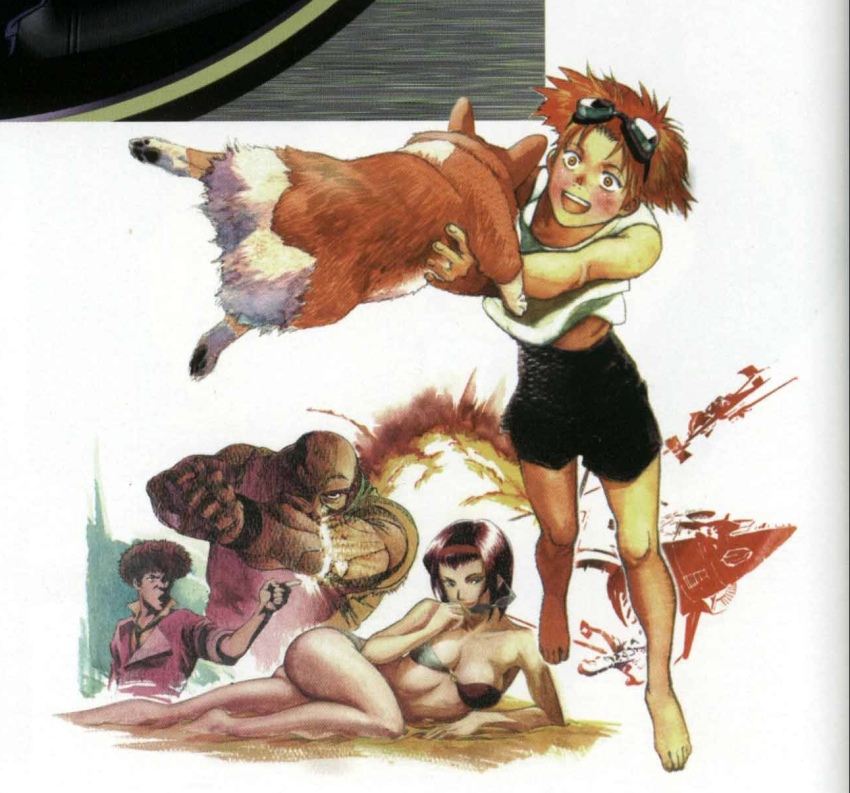 barefoot bikini cowboy_bebop edward_wong_hau_pepelu_tivrusky_iv ein_(cowboy_bebop) faye_valentine feet highres jet_black orange_hair prosthesis prosthetic_arm science_fiction spike_spiegel swimsuit swordfish_ii