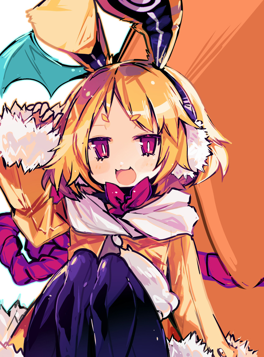 1girl :3 :d animal_ears anzu_(anzuhan) black_pantyhose blonde_hair bow bowtie coat curry disgaea earmuffs food fur-trimmed_jacket fur-trimmed_sleeves fur_trim highres hikimayu jacket leotard long_sleeves looking_at_viewer makai_senki_disgaea_5 open_mouth pantyhose parted_bangs playboy_bunny prinny rabbit_earmuffs rabbit_ears rabbits_foot red_bow red_bowtie red_eyes scarf short_eyebrows short_hair smile thick_eyebrows usalia_(disgaea) white_leotard white_scarf yellow_coat yellow_jacket