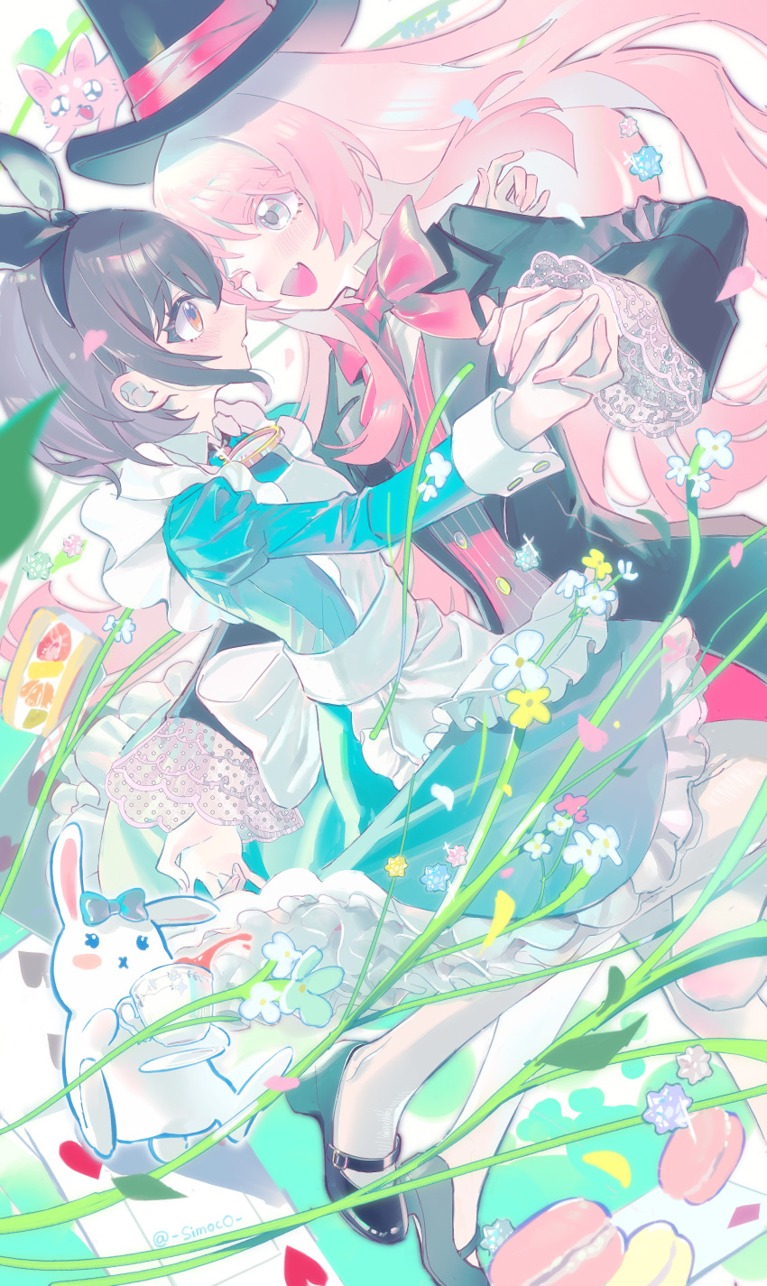 2girls :d absurdres alice&#039;s_adventures_in_wonderland alice_(alice_in_wonderland) alice_(alice_in_wonderland)_(cosplay) apron back_bow bang_dream! bang_dream!_it&#039;s_mygo!!!!! black_hat black_jacket black_ribbon black_shoes blue_bow blue_dress bow bowtie buttons cake cake_slice candy card chihaya_anon collared_shirt colored_eyelashes commentary cosplay cup curled_fingers dress dress_shirt eye_contact face-to-face fang floating floating_hair flower food frilled_apron frilled_dress frills full_body grey_eyes grey_hair hair_ribbon hat highres holding_hands interlocked_fingers jacket konpeitou lace-trimmed_sleeves lace_trim lapels long_hair long_sleeves looking_at_another macaron mad_hatter_(alice_in_wonderland) mad_hatter_(alice_in_wonderland)_(cosplay) maid_apron mary_janes medium_dress multiple_girls official_alternate_costume one_eye_closed open_mouth orange_eyes outstretched_arm pantyhose petticoat pink_bow pink_bowtie pink_cat pink_hair pink_shirt rabbit ribbon sash saucer shirt shoes short_hair simoco smile striped_clothes striped_shirt suit_jacket swept_bangs symbol-only_commentary takamatsu_tomori teacup top_hat tuxedo two_of_hearts white_bow white_pantyhose white_rabbit_(animal) white_sash white_sleeve_cuffs