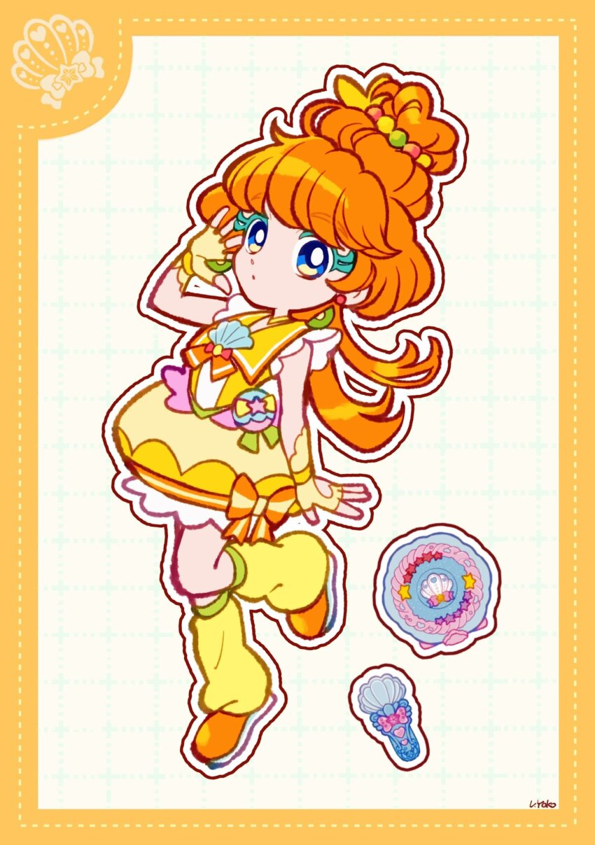 1girl :o bare_shoulders beehive_hairdo blue_eyes border bow bright_pupils brown_hair bubble_skirt clothing_cutout colored_eyelashes compact_(cosmetics) cosmetics cure_papaya deformed dot_nose dotted_line dress dress_bow earrings expressionless fingerless_gloves frilled_dress frills full_body gloves grey_background grid_background hair_bobbles hair_bun hair_ornament half_updo hand_on_own_face heart_cutout highres ichinose_minori jewelry leg_up leg_warmers looking_at_viewer low_ponytail magical_girl makeup mascara microphone orange_border orange_bow orange_ribbon orange_shoes outline parted_lips ponytail precure ribbon sailor_collar shell shell_brooch shoes short_dress signature single_hair_bun single_stripe skirt sleeveless sleeveless_dress solo sphere_earrings striped_bow tareme tropical-rouge!_precure uwded_207 white_outline white_pupils yellow_dress yellow_gloves yellow_leg_warmers yellow_sailor_collar