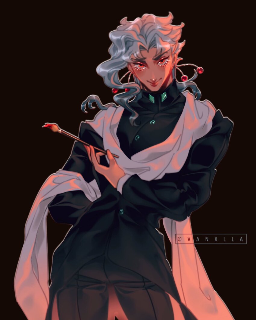 1boy black_background black_jacket black_pants commentary cowboy_shot earrings english_commentary eyelashes high_collar highres holding holding_paintbrush jacket jewelry jojo_no_kimyou_na_bouken kakyoin_noriaki looking_at_viewer male_focus paintbrush pants simple_background smile solo stardust_crusaders twitter_username vanxllavina white_hair