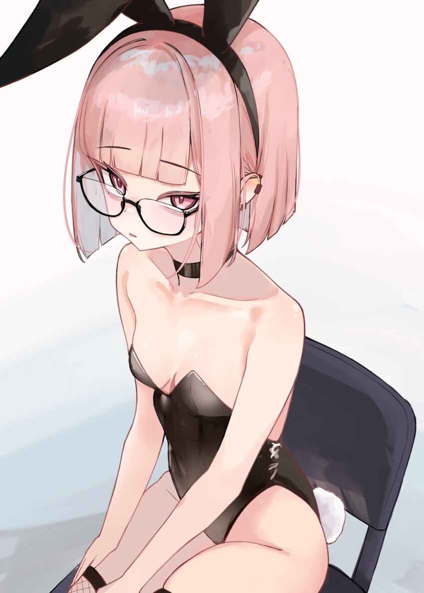 1girl animal_ears bare_shoulders black_choker black_leotard blunt_bangs bob_cut breasts chair choker cleavage collarbone commentary covered_navel fake_animal_ears fake_tail fishnet_pantyhose fishnets from_above glasses highres leotard multicolored_eyes orange_eyes original pantyhose playboy_bunny rabbit_tail rifufu short_hair sitting small_breasts solo steam symbol-only_commentary tail thighs yellow_eyes