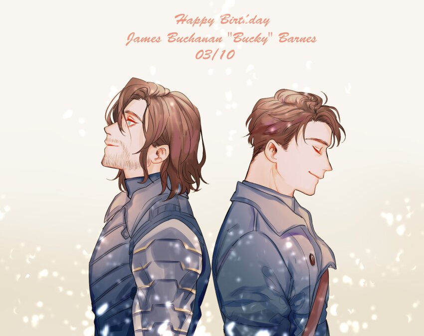 2boys avengers:_infinity_war avengers_(series) back-to-back belt blue_eyes blue_jacket brown_belt brown_hair bucky_barnes buttons captain_america:_the_first_avenger captain_america_(series) character_name chengzhineixihuanxiaogou closed_eyes closed_mouth collared_jacket dated dual_persona english_text facial_hair gradient_background grey_background hair_between_eyes happy_birthday highres jacket long_sleeves looking_up male_focus marvel marvel_cinematic_universe military_jacket multiple_boys prosthesis prosthetic_arm short_hair smile upper_body white_background