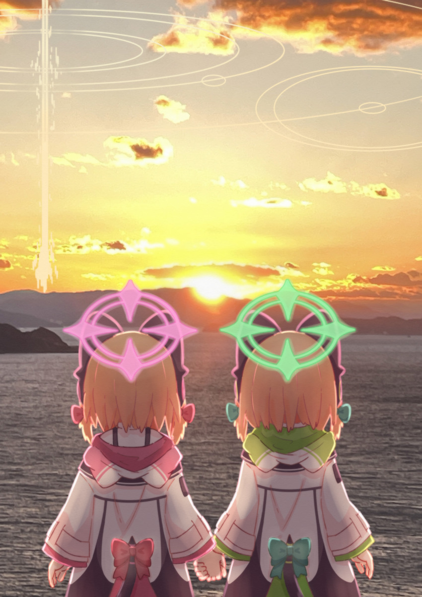 2girls absurdres animal_ear_headphones animal_ear_hood animal_ears arms_at_sides backlighting black_jacket black_tail blonde_hair blue_archive bow cat_ear_headphones cat_ears cat_tail cloud commentary_request evening facing_away fake_animal_ears fake_tail from_behind green_bow green_halo green_hood green_jacket hair_bow halo headphones highres holding_hands hood hood_down hooded_jacket jacket long_sleeves medium_hair midori_(blue_archive) momoi_(blue_archive) mountainous_horizon multicolored_jacket multiple_girls onrataon photo_background pink_bow pink_halo pink_hood pink_jacket school_uniform shirt siblings sisters sky sun sunset suspenders tail tail_bow tail_ornament twins upper_body water white_jacket white_shirt wide_sleeves yellow_sky
