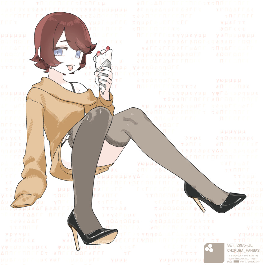 1girl black_shoes blue_eyes bra_strap brown_hair brown_sweater brown_thighhighs chikuwa_fan973 closed_mouth crepe food full_body garter_straps high_heels highres holding holding_crepe holding_food long_sleeves looking_at_viewer original shoes short_hair smile solo sweater thighhighs tongue tongue_out