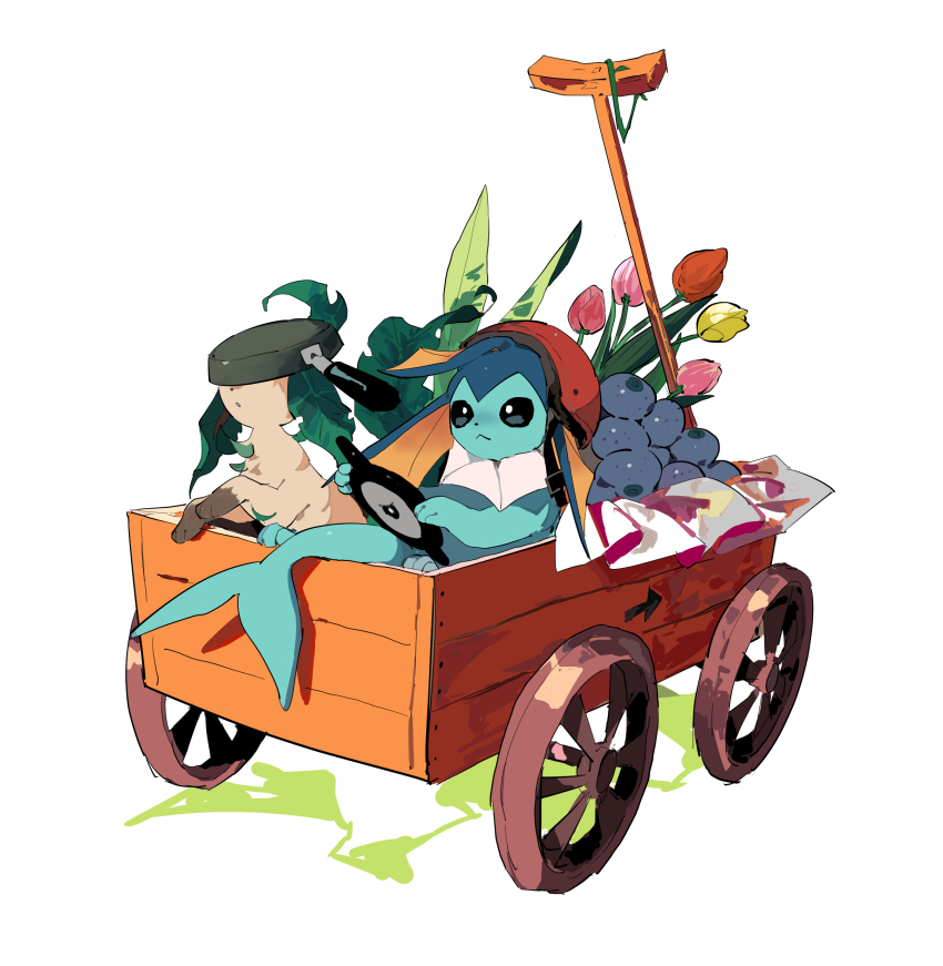 :&lt; absurdres animal_focus annoyed apios arrow_(symbol) berry_(pokemon) black_eyes black_sclera closed_mouth clothed_pokemon colored_sclera flower frying_pan gen_1_pokemon gen_2_pokemon gen_4_pokemon helmet highres holding holding_pokemon leaf leafeon leaning_back nintendo no_humans object_on_head one-eyed oran_berry parted_lips pink_flower pokemon pokemon_(creature) red_flower red_headwear simple_background sitting unown unown_i vaporeon wagon wheel white_background white_eyes yellow_flower