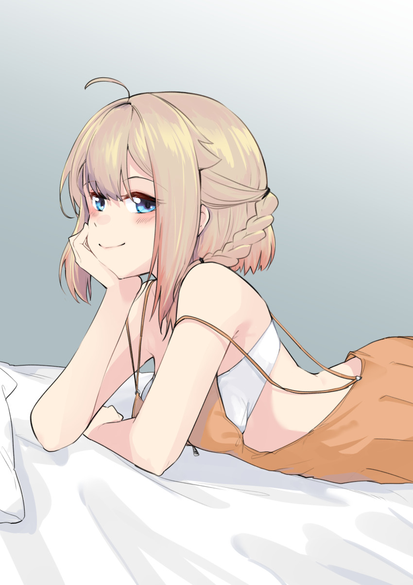 1girl ahoge backless_dress backless_outfit bare_arms bare_shoulders bed_sheet blue_eyes blush braid breasts brown_dress brown_hair cevio closed_mouth commentary_request dress grey_background hair_between_eyes highres looking_at_viewer lying medium_breasts on_stomach one_(cevio) pillow sleeveless sleeveless_dress smile solo zooanime