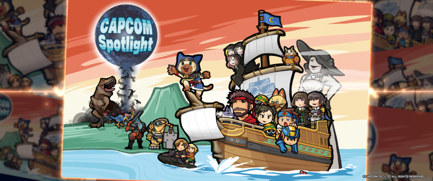 6+boys 6+girls absurdres alcina_dimitrescu animal ashley_graham beard bela_dimitrescu blue_headwear capcom cassandra_dimitrescu character_request chibi chun-li closed_mouth copyright_name copyright_request daniela_dimitrescu dinosaur english_text facial_hair felyne highres jet_ski leon_s._kennedy logo mega_man_(series) mega_man_battle_network_(series) monster_hunter_(series) multiple_boys multiple_girls ocean official_art official_wallpaper open_mouth resident_evil resident_evil_4 resident_evil_4_(remake) resident_evil_village ryu_(street_fighter) ship street_fighter volcano watercraft