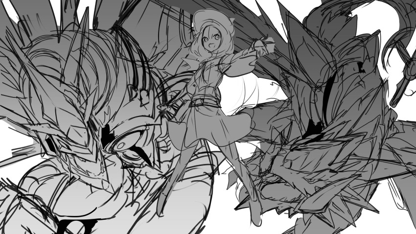 1girl belt digimon digimon_(creature) digimon_linkz dragon hat highres kurihara_hina metallicdramon sharp_teeth teeth volcanicdramon wings