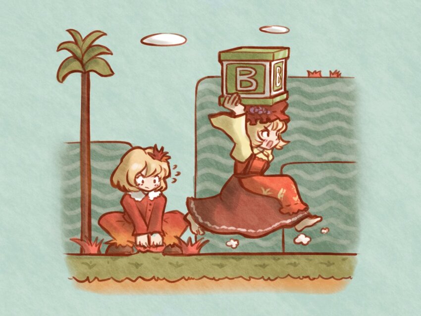 2girls :d aki_minoriko aki_shizuha apron barefoot black_skirt blonde_hair blue_sky breasts brown_footwear closed_mouth cloud cloudy_sky collared_shirt commentary day english_commentary frilled_apron frills grape_hat_ornament grass hair_ornament hat holding leaf_hair_ornament loafers long_skirt long_sleeves mario_(series) mob_cap multiple_girls nintendo open_mouth orange_apron orange_hat orange_shirt orange_skirt outdoors oysterfried palm_tree pulling running shirt shoes short_hair skirt sky small_breasts smile squatting super_mario_bros._2 touhou tree v-shaped_eyebrows wide_sleeves yellow_shirt yume_koujou:_doki_doki_panic