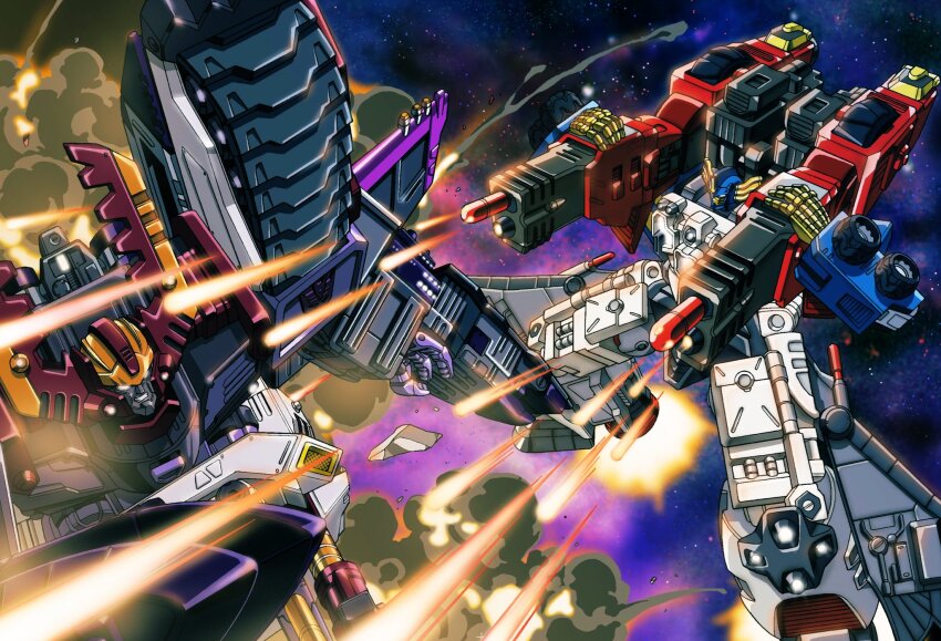 autobot battle caterpillar_tracks clenched_teeth commentary_request debris decepticon exhaust explosion firing galvatron glowing glowing_eyes highres jetfire mecha mecha_focus nebula no_humans optimus_prime overload_(armada) robot science_fiction shoulder_cannon smoke space star_(sky) teeth thrusters transformers transformers_armada transformers_unicron_trilogy watanabe_yoshihiro white_eyes