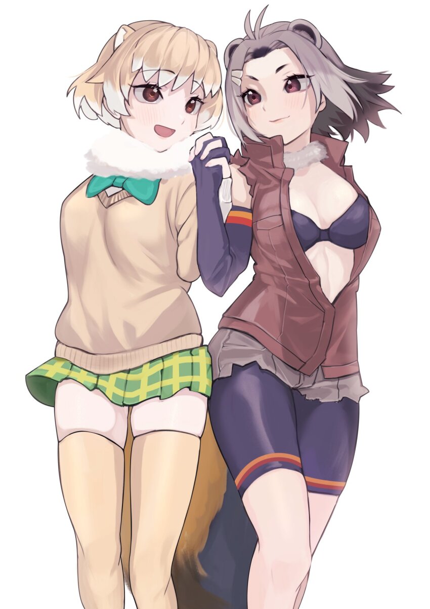2girls :d a888_n22 ahoge american_beaver_(kemono_friends) animal_ears arm_behind_back bare_shoulders beaver_ears beaver_tail bike_shorts bike_shorts_under_shorts black-tailed_prairie_dog_(kemono_friends) black_hair blonde_hair bow bowtie bra breasts brown_eyes cleavage closed_mouth couple cutoffs detached_collar extra_ears eye_contact feet_out_of_frame fingerless_gloves fingernails floating_hair fur_collar gloves grey_hair hand_up highres holding_hands kemono_friends light_blush lips long_sleeves looking_at_another medium_breasts medium_hair microskirt multicolored_hair multiple_girls open_mouth plaid_clothes plaid_skirt short_shorts shorts shorts_under_shorts side-by-side simple_background skindentation skirt sleeves_past_wrists smile standing stomach sweater tail thighhighs torn_clothes torn_sleeves underwear vest white_background white_hair yuri zettai_ryouiki