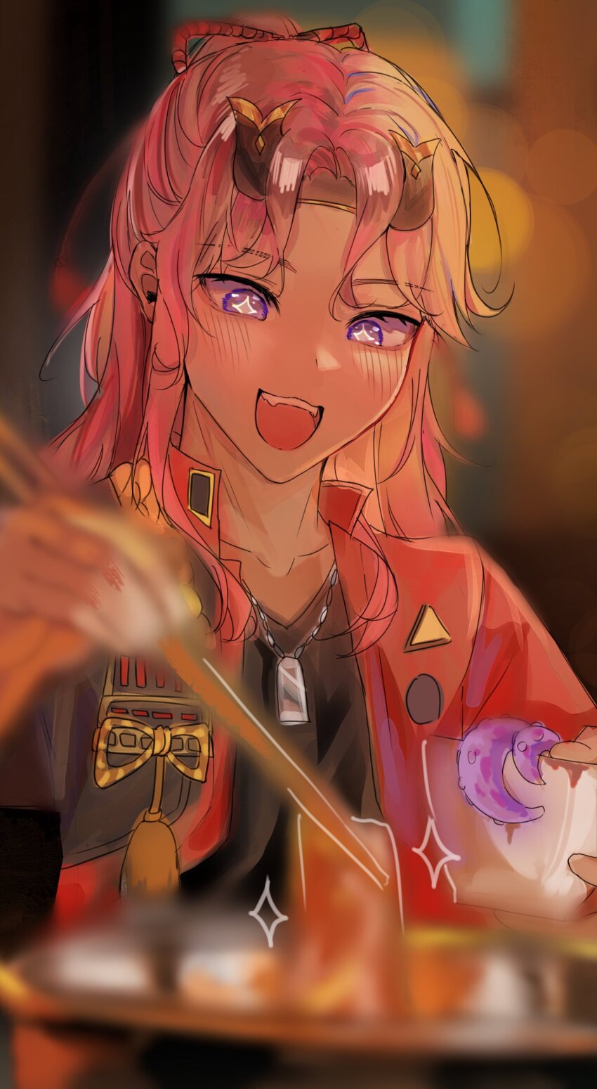 +_+ 1boy absurdres animification bad_food blurry blurry_foreground blush bokeh bowl censored censored_food chopsticks christian_banas collarbone commentary cooking_pot depth_of_field dog_tags english_commentary fake_horns genshin_impact headband highres holding holding_bowl holding_chopsticks horned_headwear horns jacket japanese_clothes jewelry kanako_(fuwachu) long_hair low_ponytail male_focus open_clothes open_jacket open_mouth pink_hair ponytail purple_eyes real_life red_jacket shirt sidelocks smile star-shaped_pupils star_(symbol) symbol-shaped_pupils tassel teeth tentacles thoma_(genshin_impact) upper_body upper_teeth_only voice_actor voice_actor_connection