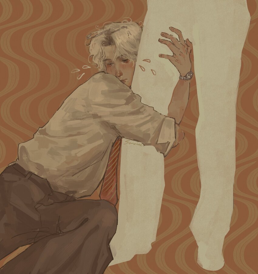 1boy aegyo_sal belt black_eyes collared_shirt curtained_hair hand_on_another&#039;s_leg highres hugging_another&#039;s_leg male_focus on_ground original out_of_frame shirt silhouette sitting solo sonaireeart teardrop watch white_hair white_shirt wristwatch