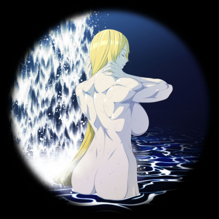 1girl ass back_muscles bathing blonde_hair breasts butt_crack closed_eyes completely_nude deviantart_username highres huge_breasts isura-eru long_hair muscular muscular_female night nude rwby sideboob very_long_hair water waterfall waterfall_shower wet yang_xiao_long