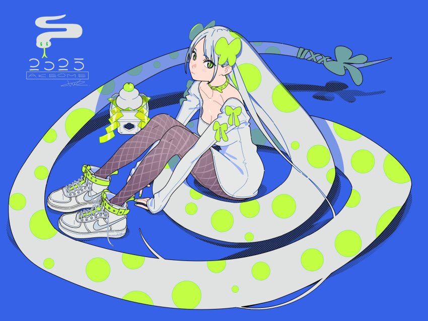 1girl 2025 absurdly_long_hair absurdres akeome black_pantyhose blue_background breasts chinese_zodiac cleavage closed_mouth collar dress full_body green_collar green_eyes green_hair green_ribbon grey_dress grey_hair happy_new_year highres long_hair looking_at_viewer medium_breasts multicolored_hair new_year nike_(company) original pantyhose polka_dot polka_dot_hair ribbon shoes snake sneakers solo tarou2 very_long_hair year_of_the_snake