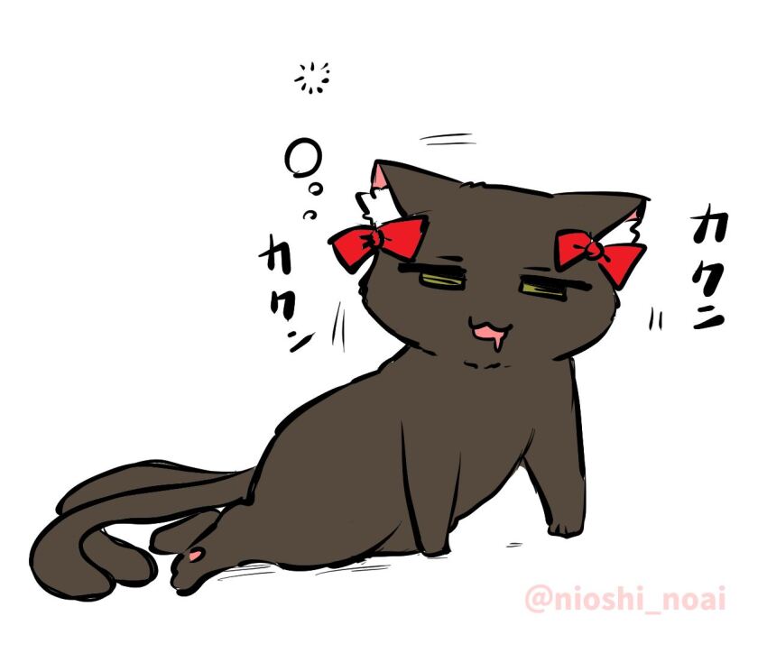 :3 animal_focus black_cat bow cat commentary_request full_body kaenbyou_rin kaenbyou_rin_(cat) multiple_tails no_humans noai_nioshi open_mouth red_bow simple_background sleepy squeans tail touhou two_tails white_background