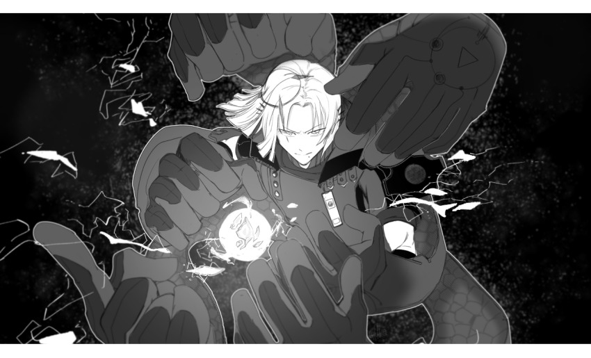 1boy black_background cape extra_arms greyscale hair_tattoo holostars holostars_english looking_at_viewer magni_dezmond medium_hair moist_owlette mole mole_under_mouth monochrome upper_body virtual_youtuber