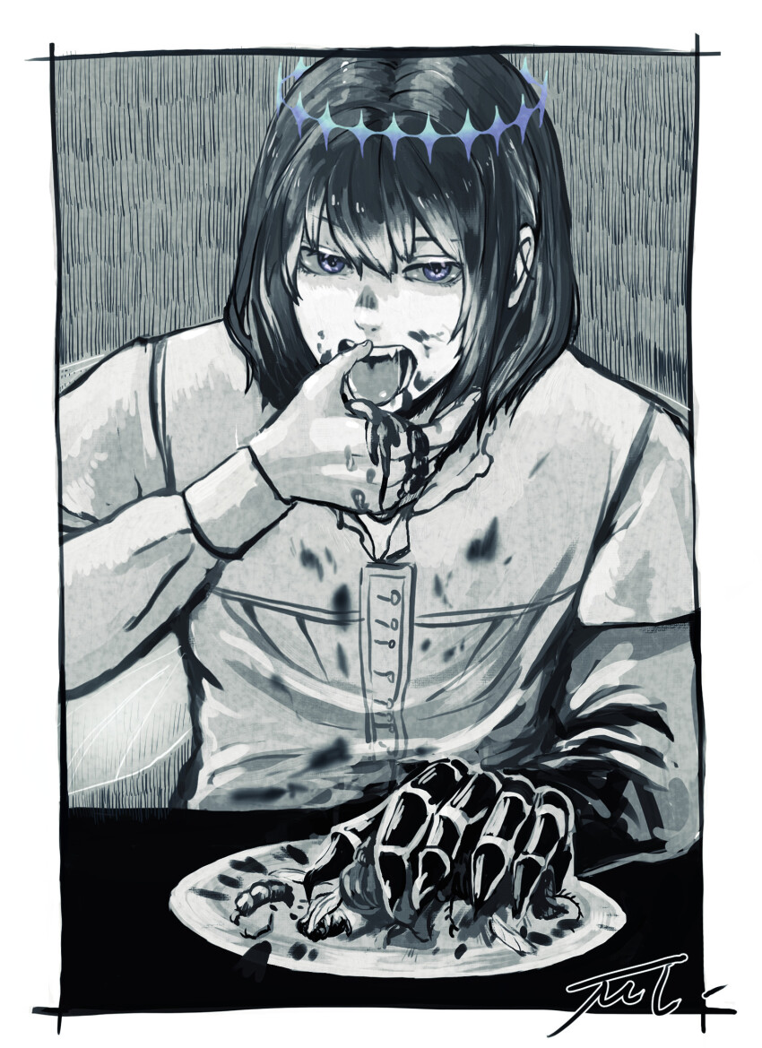 1boy blood blood_on_clothes blood_on_face blue_eyes border bug buttons centipede claws collared_shirt diamond_hairband dragonfly_wings dress_shirt eating eyelashes fangs fate_(series) greyscale hair_between_eyes highres long_sleeves male_focus mmmpsychedelic138 monochrome oberon_(fate) oberon_(third_ascension)_(fate) plate shirt short_hair signature solo white_border white_shirt