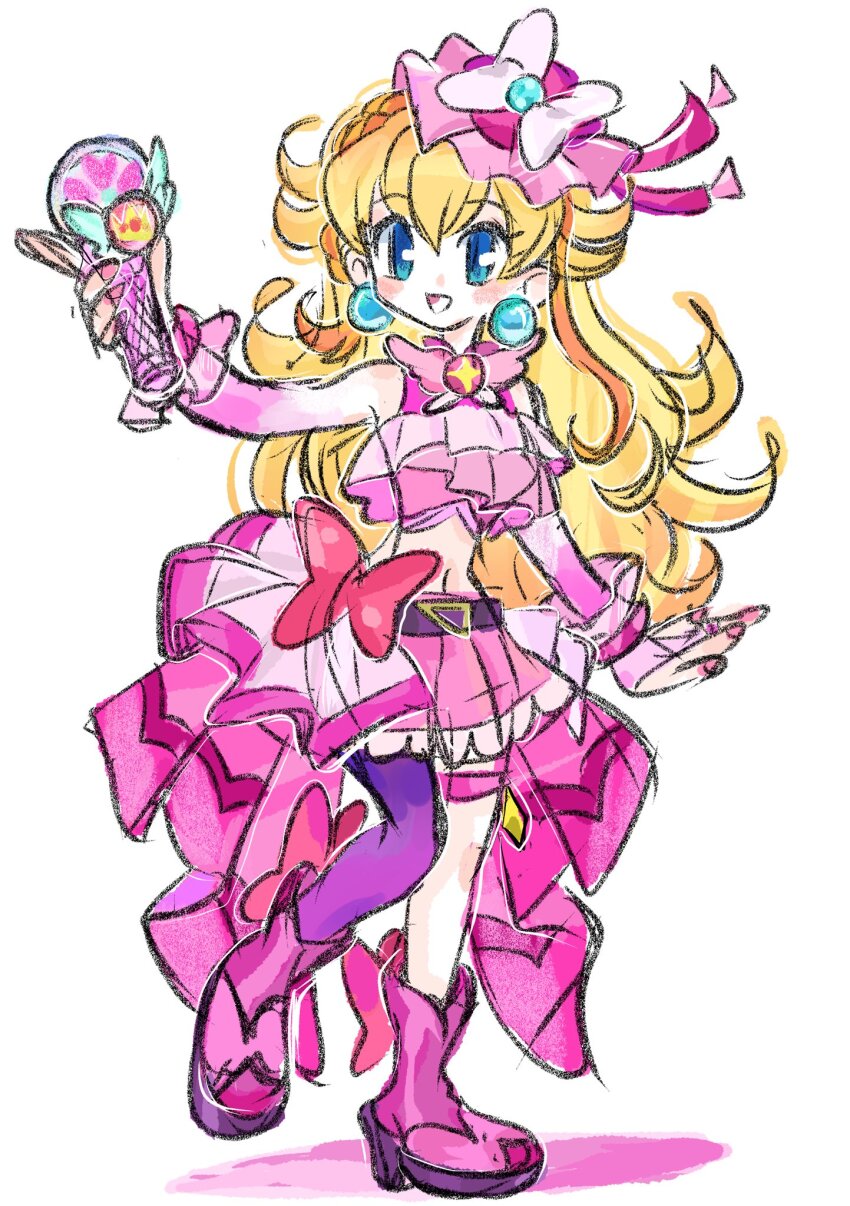 1girl asymmetrical_legwear belt_bow blonde_hair blue_eyes blush bow brooch cosplay cure_butterfly cure_butterfly_(cosplay) dress earrings highres hirogaru_sky!_precure jewelry long_hair mario_(series) nail_polish nintendo open_mouth pink_bow pink_dress pink_headwear pink_nails pink_skirt pink_theme precure princess_peach rakugaki_shitagari-ya skirt smile solo sphere_earrings wing_brooch