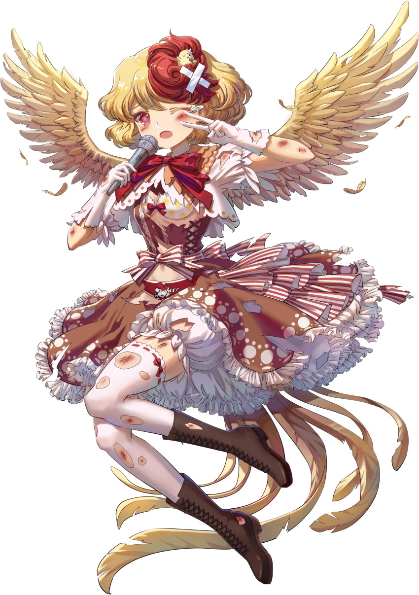 1girl absurdres baby_animal bird bird_tail bird_wings blonde_hair bloomers boots bra brown_boots brown_dress capelet chick chick_print crossed_bandaids dress falling_feathers feathers frilled_dress frills full_body game_cg gloves highres holding holding_microphone horizontal-striped_ribbon injury kfc kumio microphone multicolored_hair niwatari_kutaka non-web_source one_eye_closed panties red_eyes red_hair red_panties red_ribbon ribbon short_sleeves sparkle striped_ribbon tachi-e tail teardrop thighhighs torn_bloomers torn_boots torn_capelet torn_clothes torn_dress torn_footwear torn_gloves torn_thighhighs touhou touhou_blooming_chaos transparent_background underwear v white_bloomers white_bra white_capelet white_ribbon white_sleeves white_thighhighs wings yellow_feathers zettai_ryouiki
