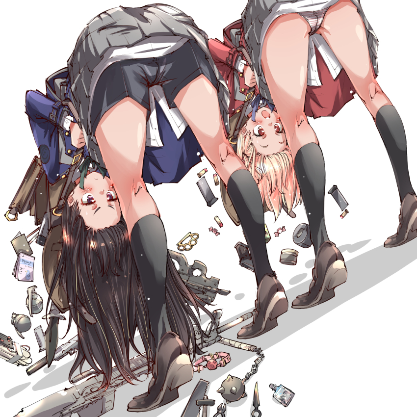 2girls ammunition ass_peek backpack bag ball_gag belt bent_over bent_over_backwards black_hair black_ribbon black_shoes black_socks blonde_hair blue_belt blue_ribbon blush bomb bottle boxers brass_knuckles bullet candy closed_mouth dress duct_tape explosive falling falling_books falling_candy food frown gag green_ribbon grenade grey_dress gun hair_ribbon handgun highres holding holding_bag inoue_takina knife long_hair long_sleeves looking_at_viewer lycoris_recoil lycoris_uniform magazine_(weapon) male_underwear medium_hair multiple_girls neck_ribbon nishikigi_chisato notebook open_mouth panties pantyshot perfume_bottle pleated_dress purple_eyes randoseru red_belt red_dress red_eyes red_ribbon ribbon rifle school_uniform shell_casing shoes short_hair sidelocks smile sniper_rifle socks striped_clothes striped_panties submachine_gun suppressor thighhighs thighs underwear unworn_gag weapon white_background wiffle_gag yazawa_mana