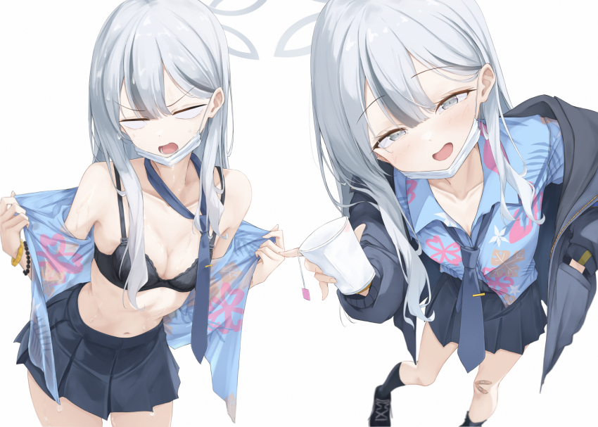black_bra black_jacket black_shoes black_skirt black_socks blank_eyes blue_archive blue_necktie blue_shirt bra floral_print grey_eyes haamon_(harmon) hair_between_eyes highres jacket konoka_(blue_archive) long_hair looking_at_viewer mask mouth_mask necktie open_mouth shirt shoes sidelocks skirt socks surgical_mask underwear white_hair white_mask