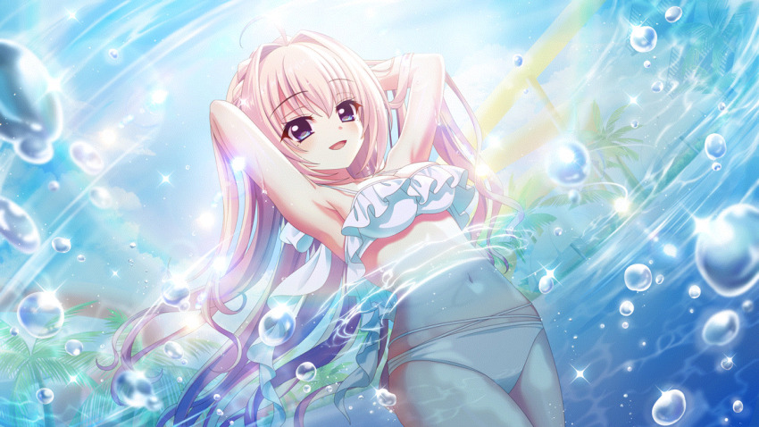 1girl ahoge armpits arms_behind_head bikini blonde_hair blue_eyes blue_sky braid breasts bubble cleavage cloud cowboy_shot crown_braid day dot_nose dutch_angle film_grain frilled_bikini frills from_below game_cg hair_intakes izumi_tsubasu lens_flare long_hair looking_at_viewer medium_breasts mole mole_under_each_eye mole_under_eye multiple_moles navel non-web_source official_art open_mouth outdoors palm_tree partially_submerged re:stage! shiratori_amaha_(re:stage!) sky smile solo spaghetti_strap sparkle swimsuit tree water_slide waterpark white_bikini