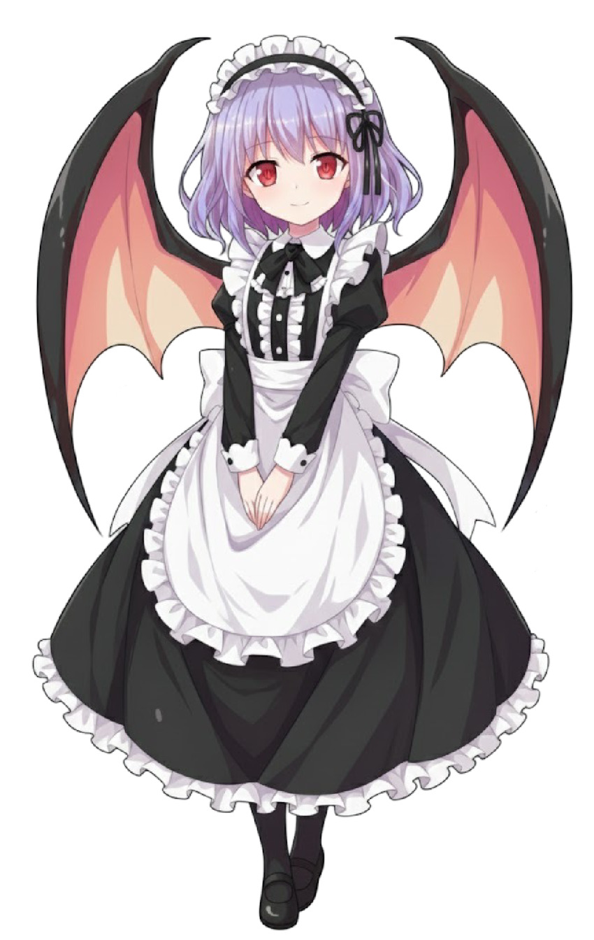 1girl apron bat_wings black_shoes blush bow dress embodiment_of_scarlet_devil frills highres looking_at_viewer maid maid_apron maid_headdress non-web_source purple_hair red_eyes remilia_scarlet ribbon scarlet shoes short_hair simple_background smile solo touhou wings