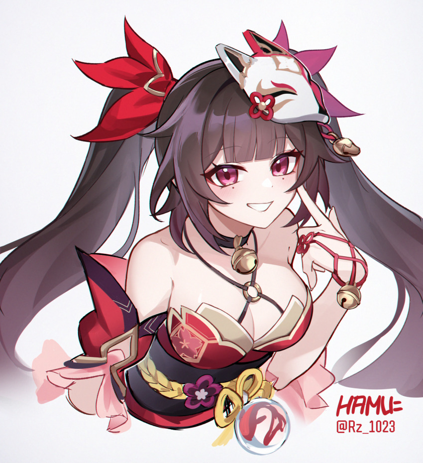 1girl artist_name bell breasts brown_hair cleavage commentary_request cropped_torso dress fox_mask hair_ribbon hamu_(rz_1023) highres honkai:_star_rail honkai_(series) japanese_clothes large_breasts long_hair looking_at_viewer mask mask_on_head neck_bell purple_eyes red_dress red_ribbon ribbon simple_background smile solo sparkle_(honkai:_star_rail) twintails twitter_username very_long_hair white_background