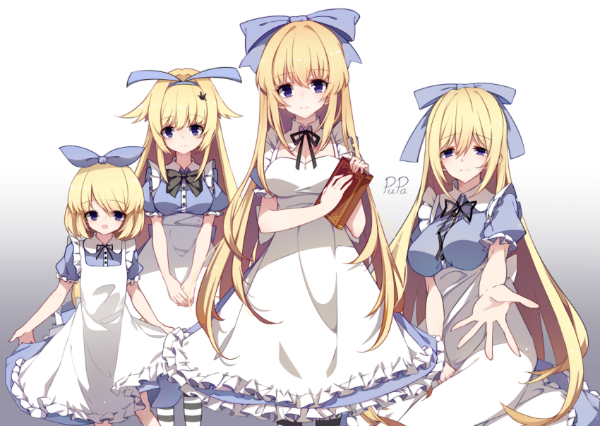 4girls alice_(black_souls) apron artist_name black_bow black_ribbon black_souls black_souls_2 blonde_hair blue_bow blue_dress blue_hairband book bow breasts buttons cleavage closed_mouth collar collared_dress collared_shirt daughter_alice_(black_souls) dress flat_chest frilled_apron frilled_dress frilled_sleeves frills gradient_background grey_background hair_flaps hair_ornament hair_over_eyes hairband hairclip holding holding_book horizontal-striped_socks large_breasts legs_apart light_blush looking_at_viewer medium_breasts mother_alice_(black_souls) multiple_girls open_mouth puffy_short_sleeves puffy_sleeves pupa_jiang purple_eyes purple_pupils rabbit_hair_ornament ribbon seiza shirt short_sleeves signature sister_alice_(black_souls) sitting skirt_hold smile socks striped_clothes striped_socks waist_apron white_background white_collar